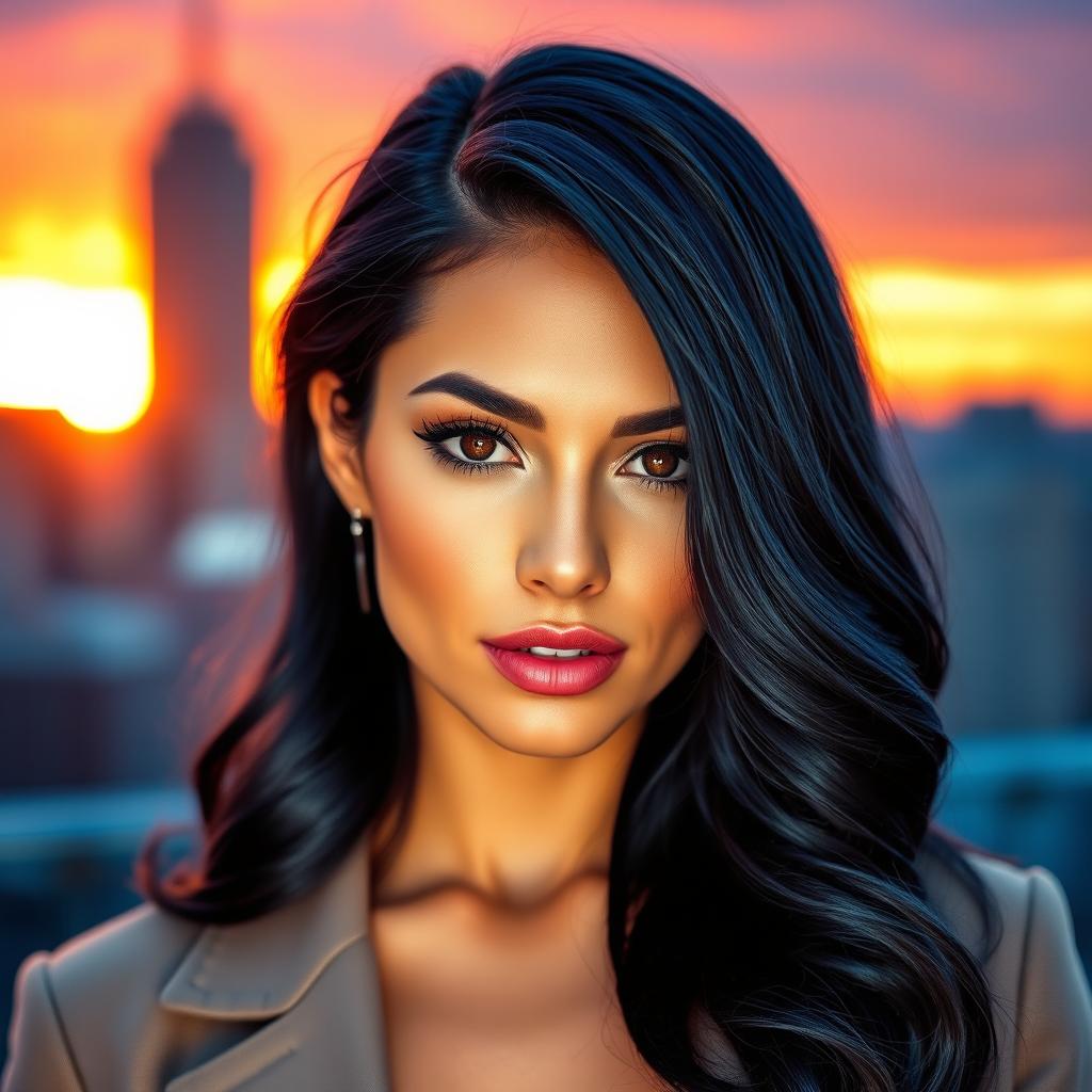 A stunning woman with dark navy blue hair styled in soft waves cascading down her shoulders