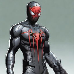 A young adult clad in a black armored suit featuring a large silver spider motif on the chest. They wear a red mask, all-black Spider-Man styled glasses, with smaller black glasses affixed to the side, and a red hood with a black interior.