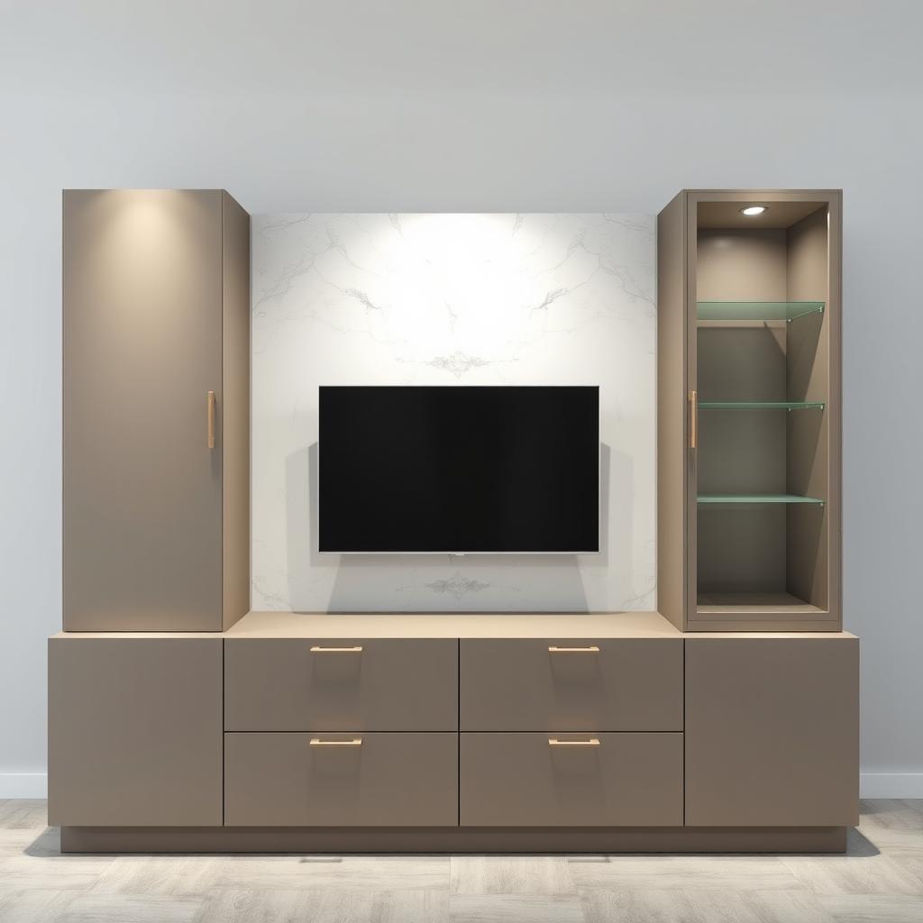 A modern custom-made living room cabinet with a width of 300 cm, a height of 210 cm, and a depth of 45 cm