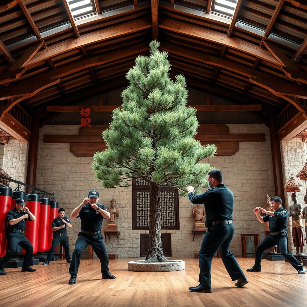 An indoor Los Angeles police combat training facility beautifully blended with the architectural elements of a traditional Chinese kung fu temple