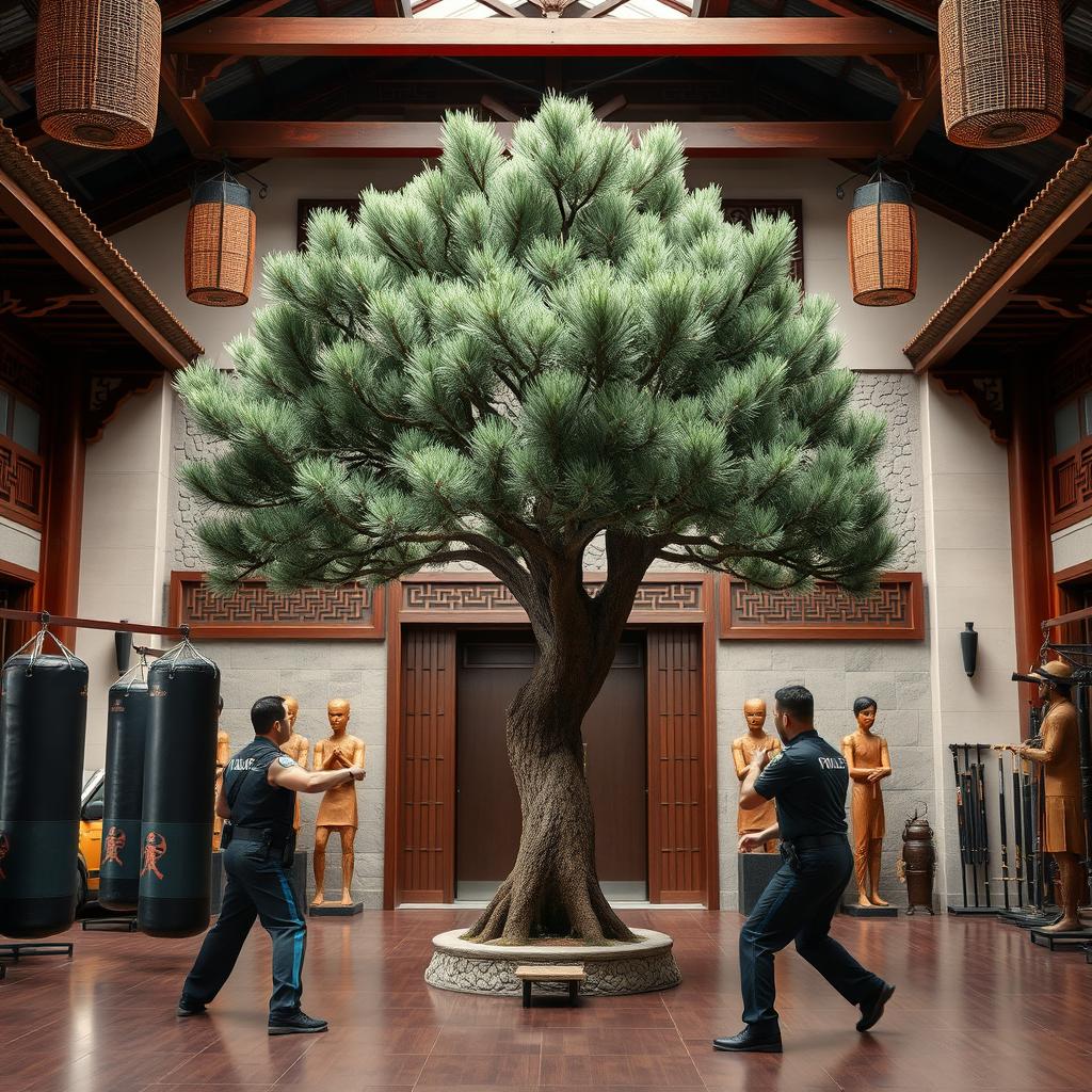 An indoor Los Angeles police combat training facility artfully integrated with a traditional Chinese kung fu temple design, featuring a majestic Chinese pine tree at the center
