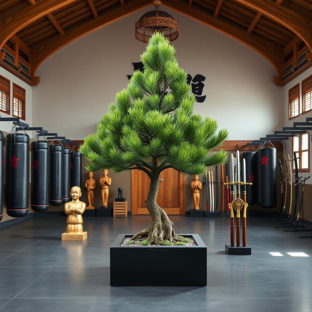 An indoor Los Angeles police combat training facility seamlessly integrated with elements of a traditional Chinese kung fu temple and a ninja dojo, featuring a beautiful Chinese pine tree set within a square planter at the center