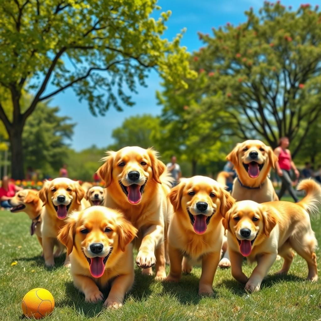 A vibrant scene featuring cheerful yellow dogs playing in a sunny park
