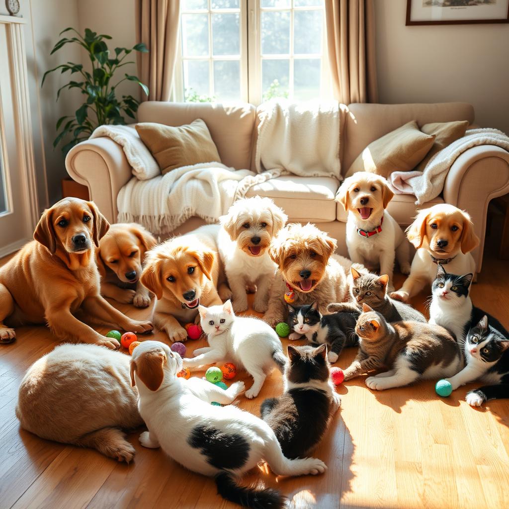 A charming and heartwarming scene featuring playful dogs and cats in a cozy living room