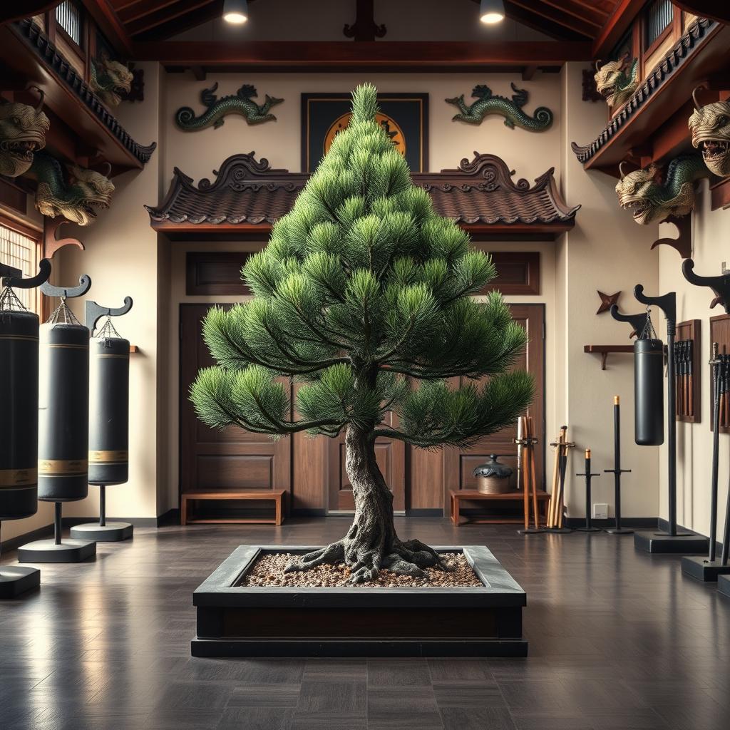 An indoor Los Angeles police combat training facility that artfully merges elements of a traditional Chinese kung fu temple and a ninja dojo, featuring an impressive Chinese pine tree meticulously placed in a square planter at the center