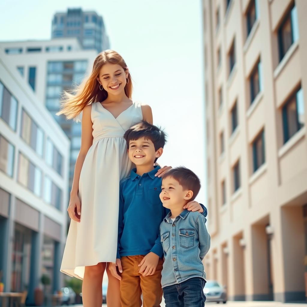 A tall girl and a shorter boy standing together, with the girl displaying confidence and the boy smiling happily