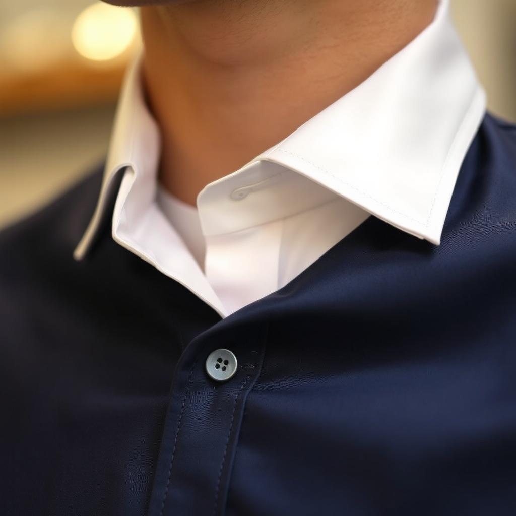 A close-up of a stylish clothing design featuring a shirt with a high collar that comes up to under the neck