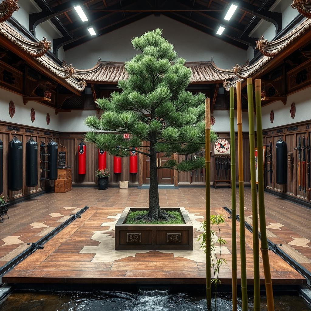 An indoor Los Angeles police combat training facility thoughtfully designed to blend a traditional Chinese kung fu school temple and a ninja dojo, featuring a striking Chinese pine tree prominently situated in a square planter at the center