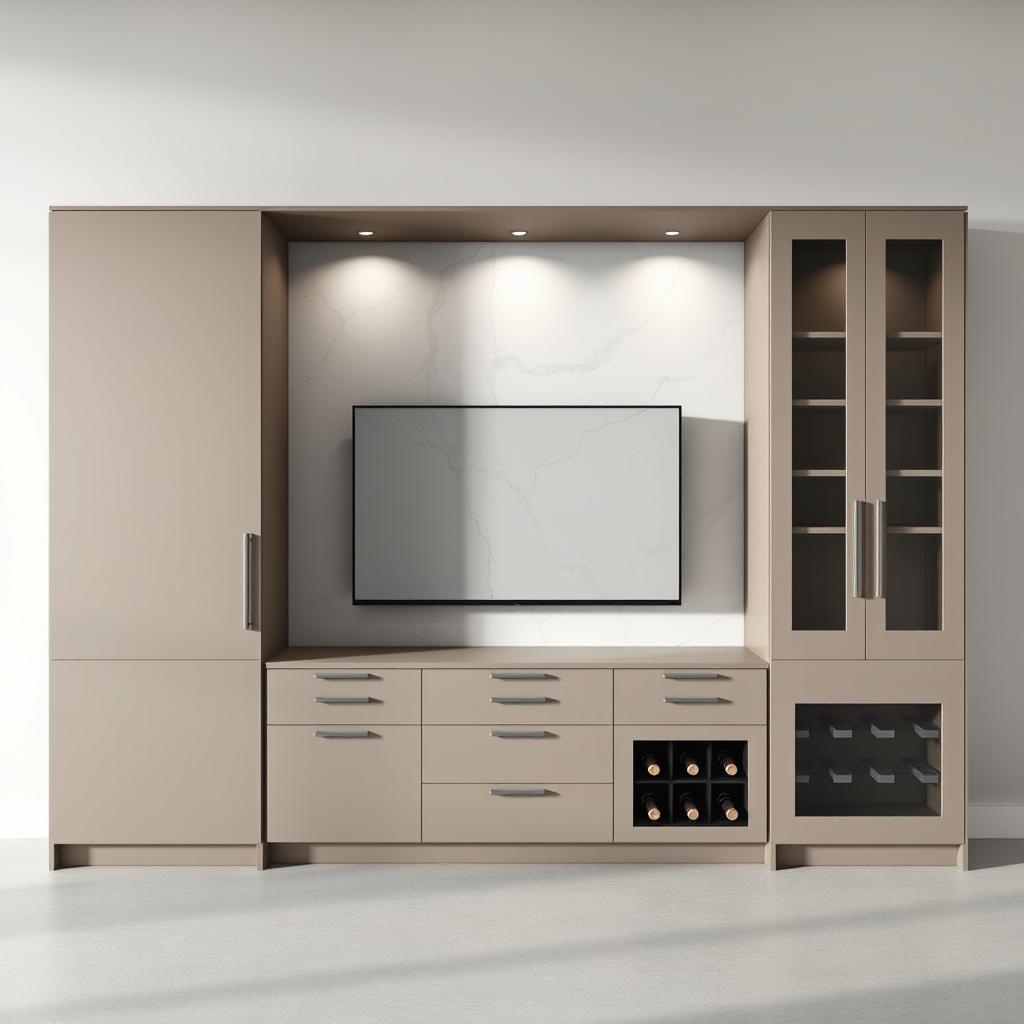 A photorealistic render of a modern custom-made living room cabinet, featuring a width of 300 cm and a height of 210 cm