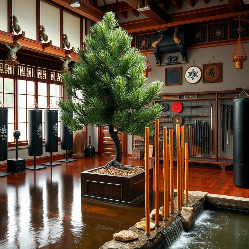 An indoor Los Angeles police combat training facility creatively fused with elements of a traditional Chinese kung fu school temple and a ninja dojo, featuring a stunning Chinese pine tree elegantly placed in a square planter at the center of the room