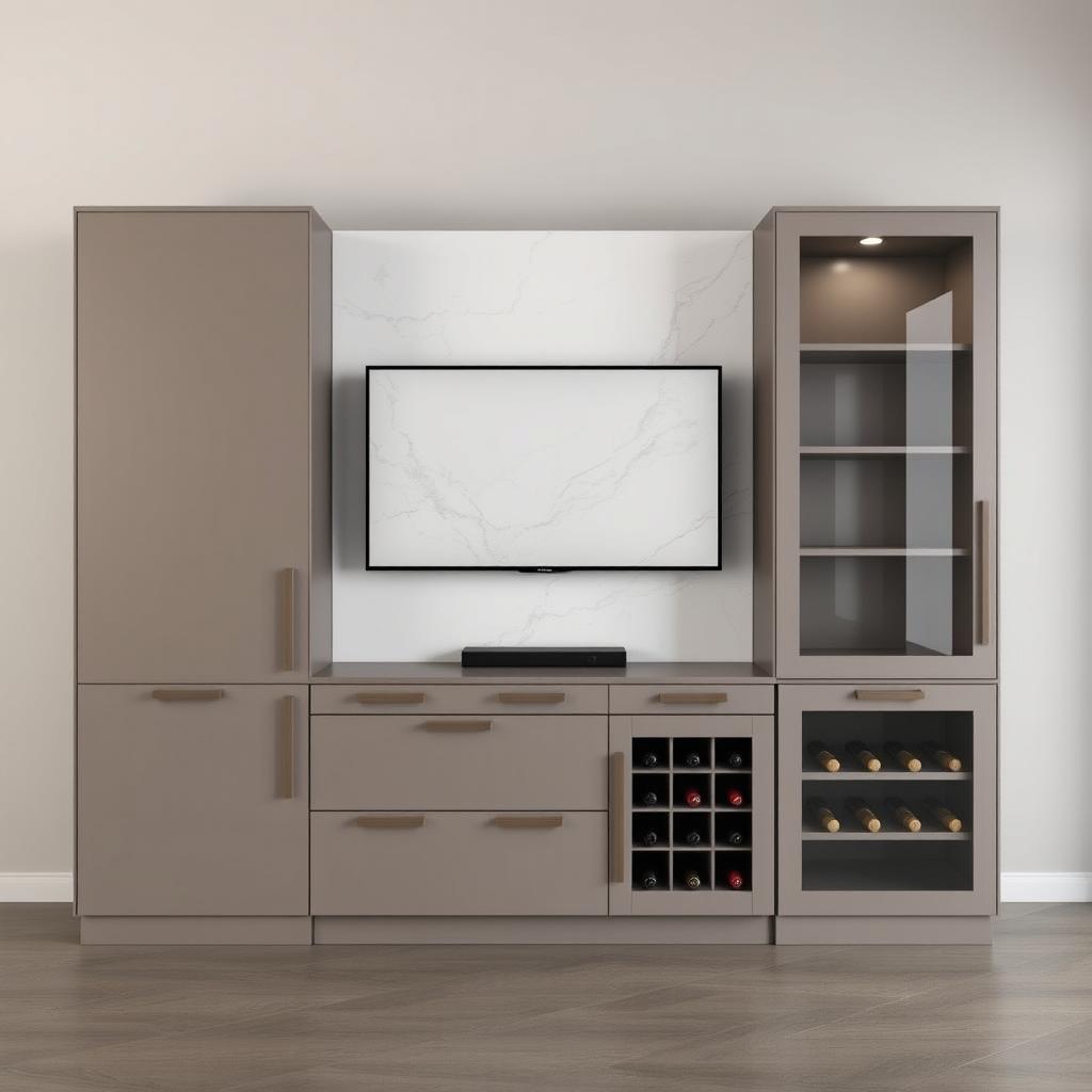 Photorealistic render of a modern custom-made living room cabinet measuring 300 cm in width and 210 cm in height