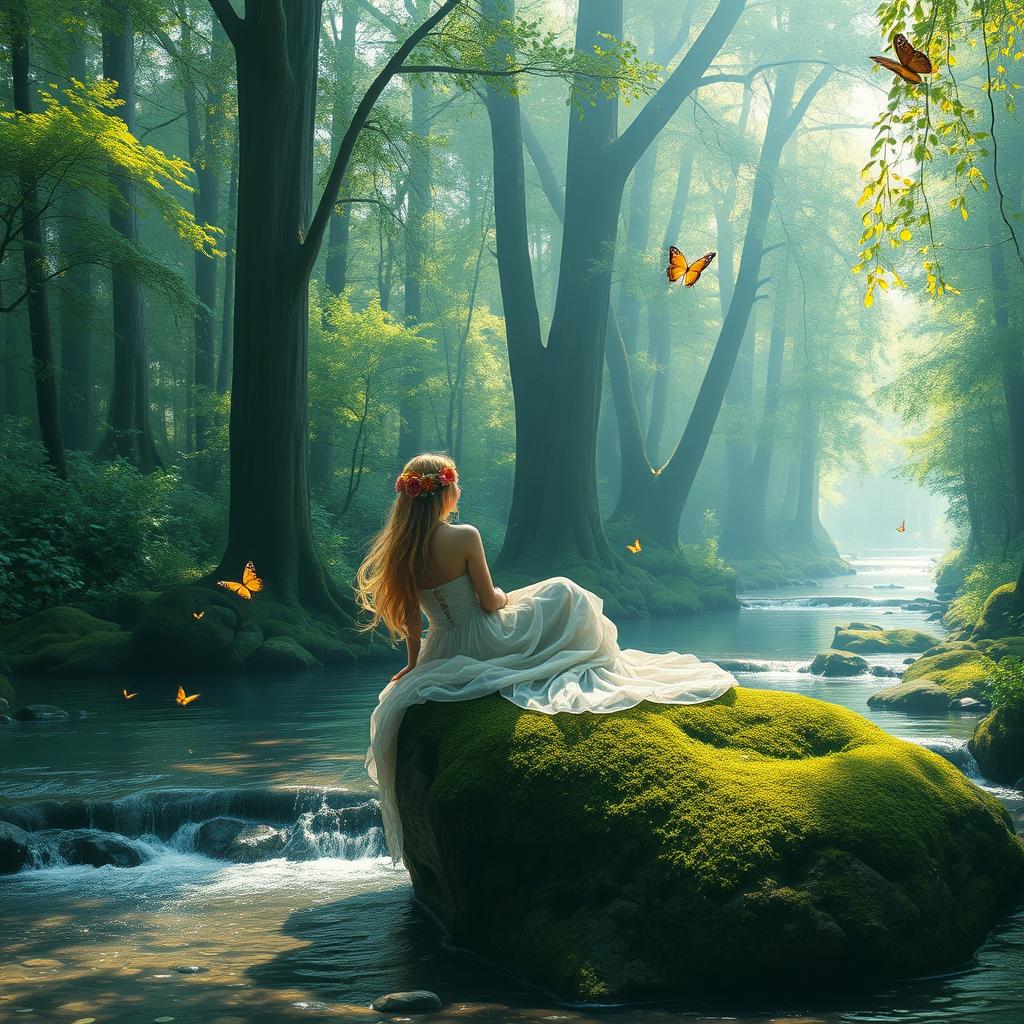 A serene and enchanting forest scene with tall trees, lush green foliage, and gentle sunlight filtering through the leaves