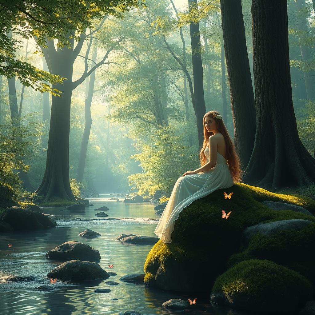A serene and enchanting forest scene with tall trees, lush green foliage, and gentle sunlight filtering through the leaves