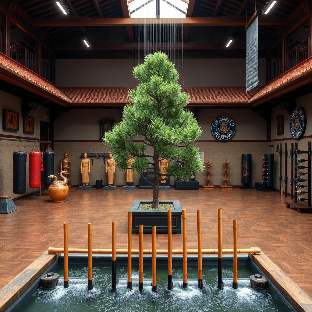 An indoor Los Angeles police combat training facility that beautifully integrates aspects of a traditional Chinese kung fu school temple and a ninja dojo