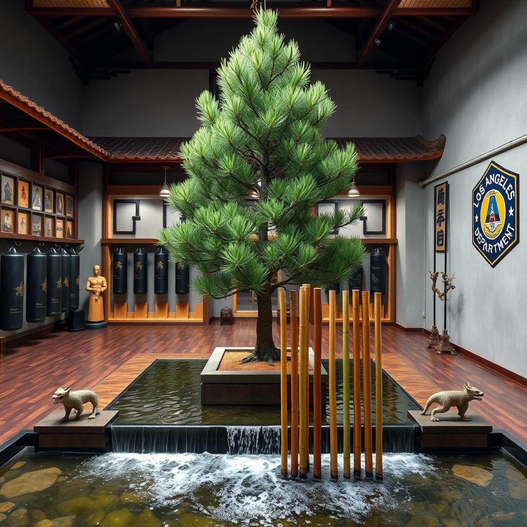 An indoor Los Angeles police combat training facility that artfully combines elements of a traditional Chinese kung fu school temple and a ninja dojo, featuring a majestic Chinese pine tree set in a square planter at the center