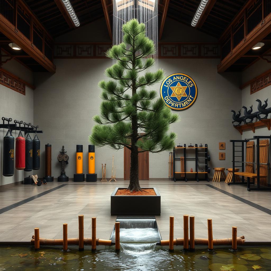 An expansive indoor Los Angeles police combat training facility uniquely blended with elements of a traditional Chinese kung fu school temple and a ninja dojo