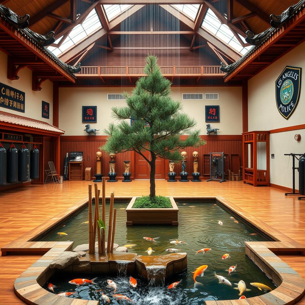 An expansive indoor Los Angeles police combat training facility that creatively merges the architecture of a traditional Chinese kung fu school temple and a ninja dojo