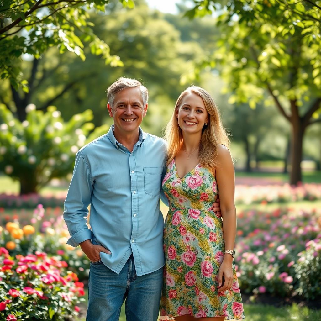 A heartwarming scene depicting two individuals standing side by side in a vibrant park, with a backdrop of blooming flowers and green trees