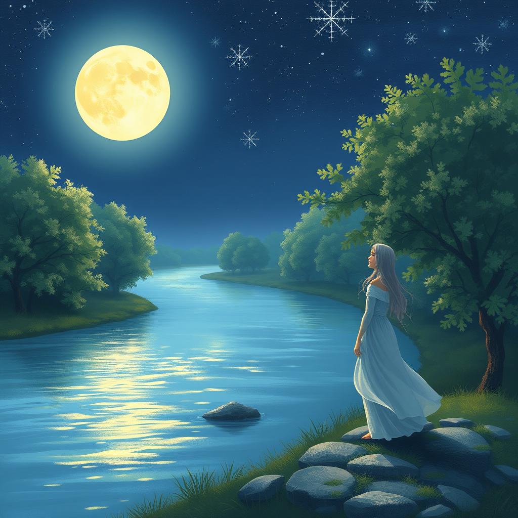 An enchanting night scene inspired by a beautiful poem, featuring a gentle moonlit landscape with shimmering stars above