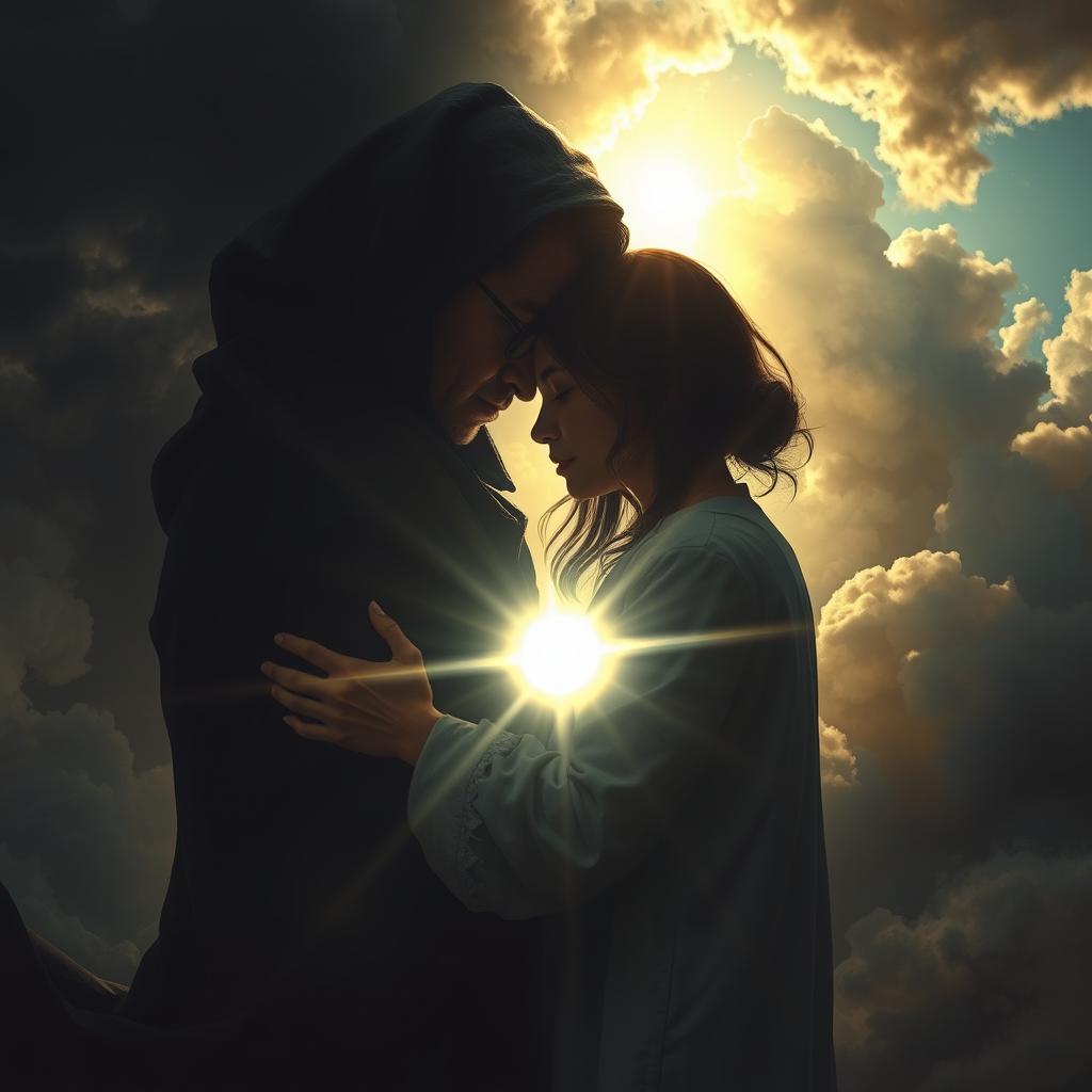A powerful and emotional scene depicting the theme of unconditional love, intertwined with elements of fear, suspicion, yet harboring hope and light
