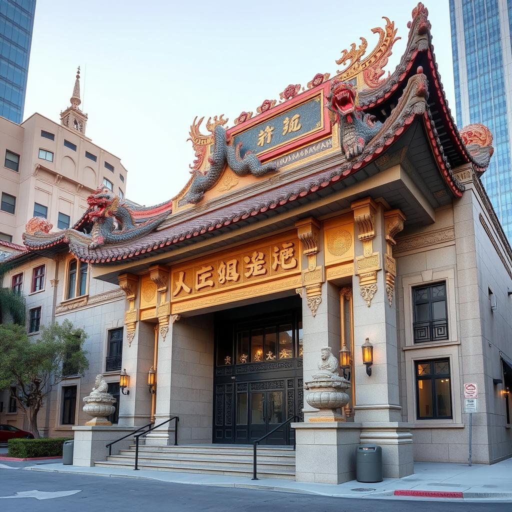 In the heart of downtown Los Angeles, a striking police combat training facility showcases an impressive fusion of traditional Chinese architecture, resembling a kung fu school temple and a ninja dojo