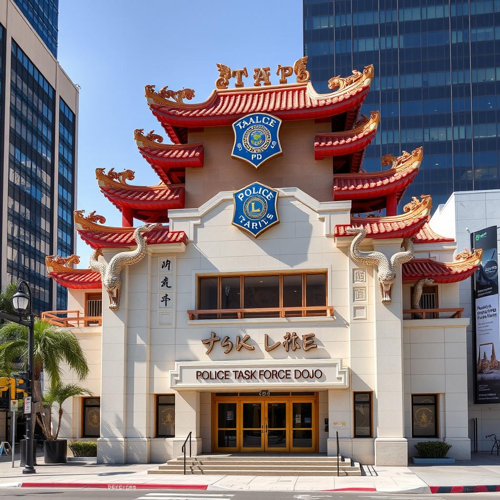 In downtown Los Angeles, a visually striking police combat training facility is designed to emulate the elegance of traditional Chinese architecture, seamlessly integrating elements of a kung fu school temple and a ninja dojo