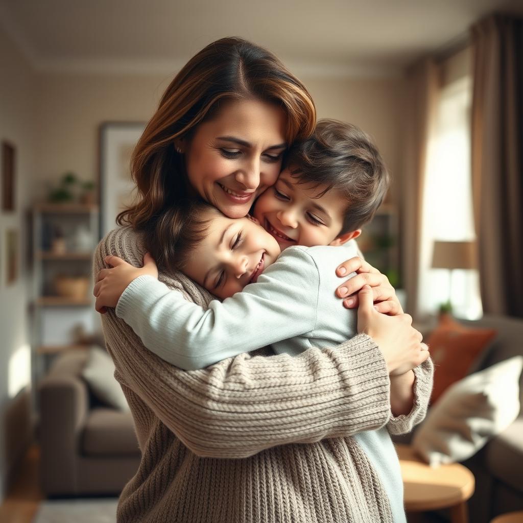 A tender moment depicting a mother embracing her son in a warm and loving hug