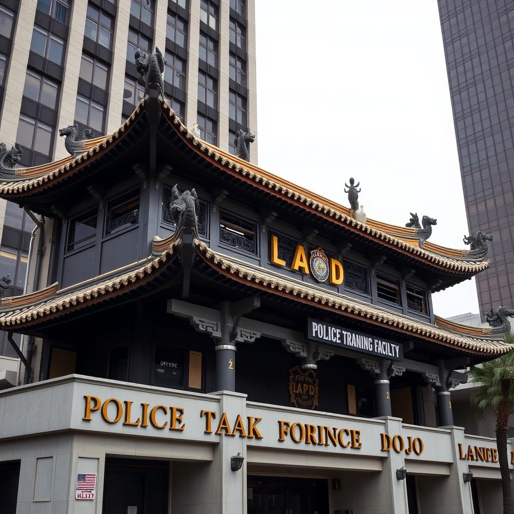 In downtown Los Angeles, a unique police combat training facility stands out with its distinctly Chinese architecture, blending the aesthetics of a traditional kung fu school temple and a ninja dojo