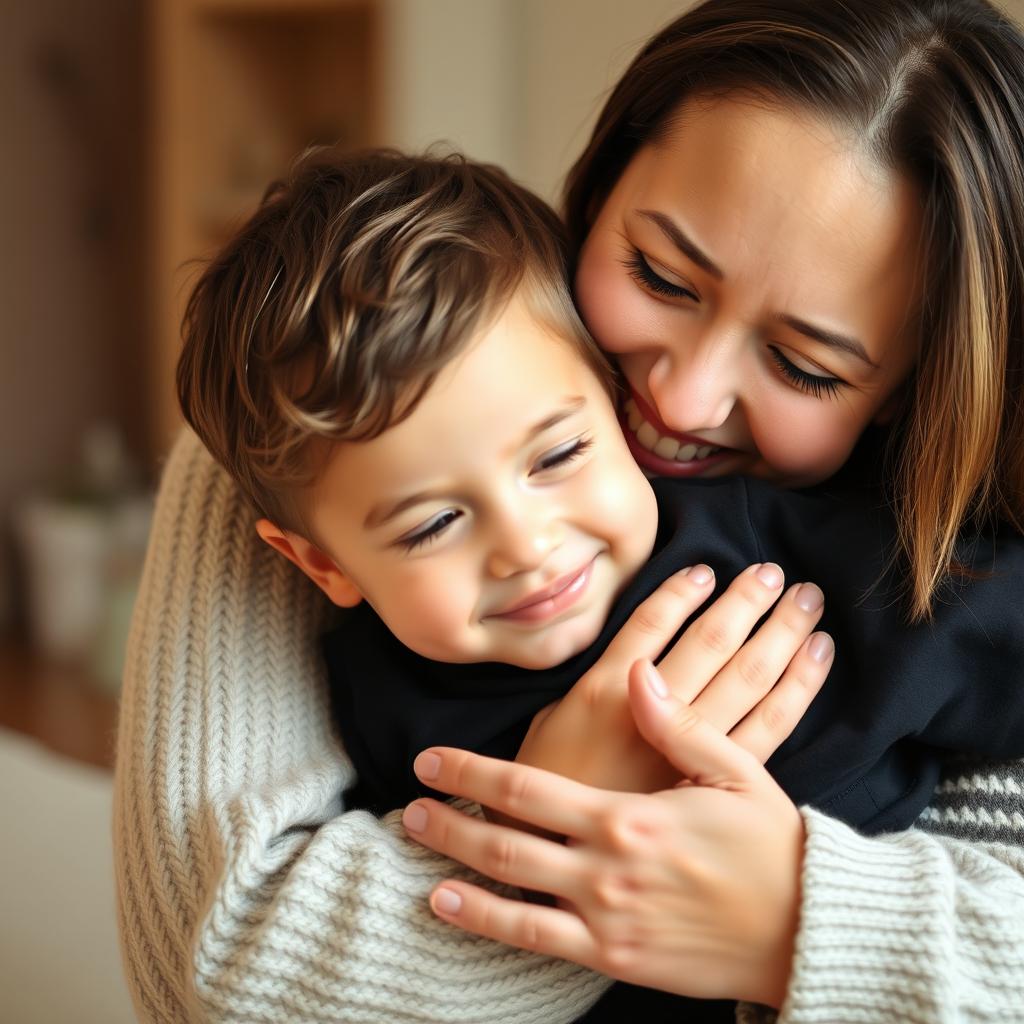 A warm and tender moment capturing a mother hugging her young son