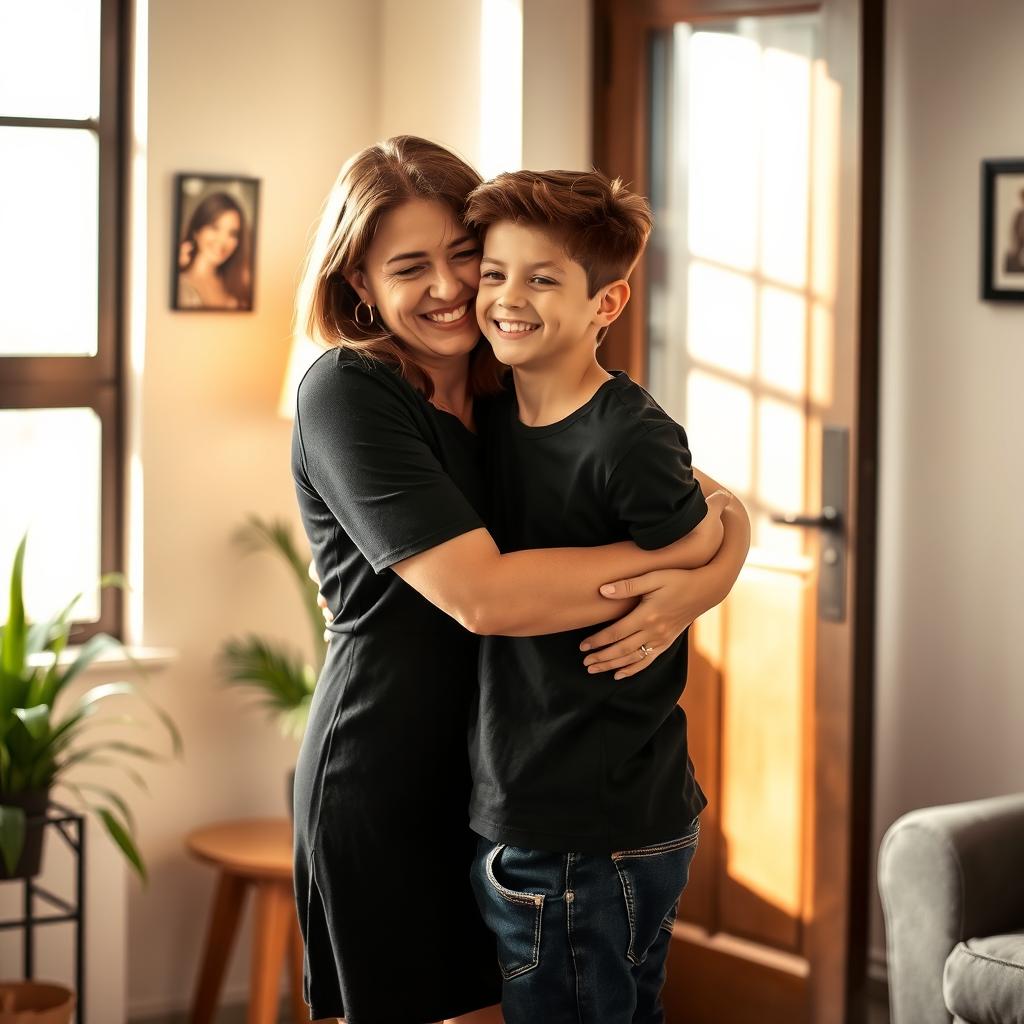 A heartwarming scene of a mother hugging her son, both wearing stylish black attire