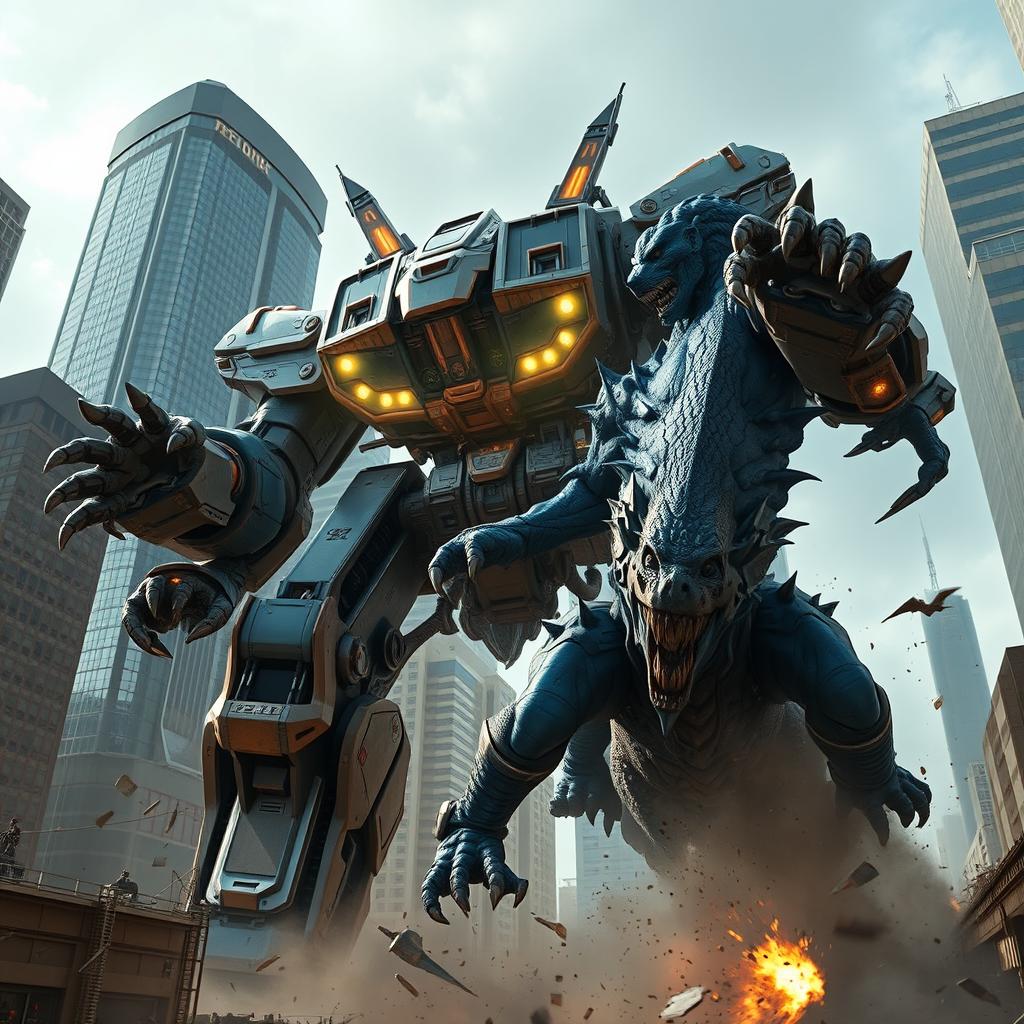 A colossal mech, towering with advanced technology and intricate designs, engages in an epic battle against a massive blue demon kaiju monster in the midst of downtown Los Angeles