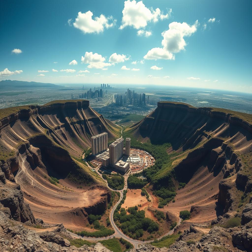 A breathtaking aerial view of Los Angeles transformed into a giant crater, creating a dramatic and surreal landscape