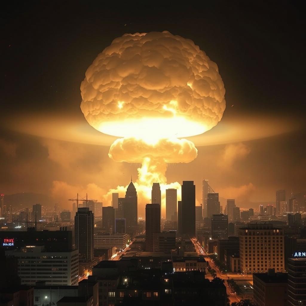 A dramatic scene capturing the moment of an atomic bomb explosion in downtown Los Angeles, showcasing a massive mushroom cloud rising ominously into the sky above the iconic city skyline