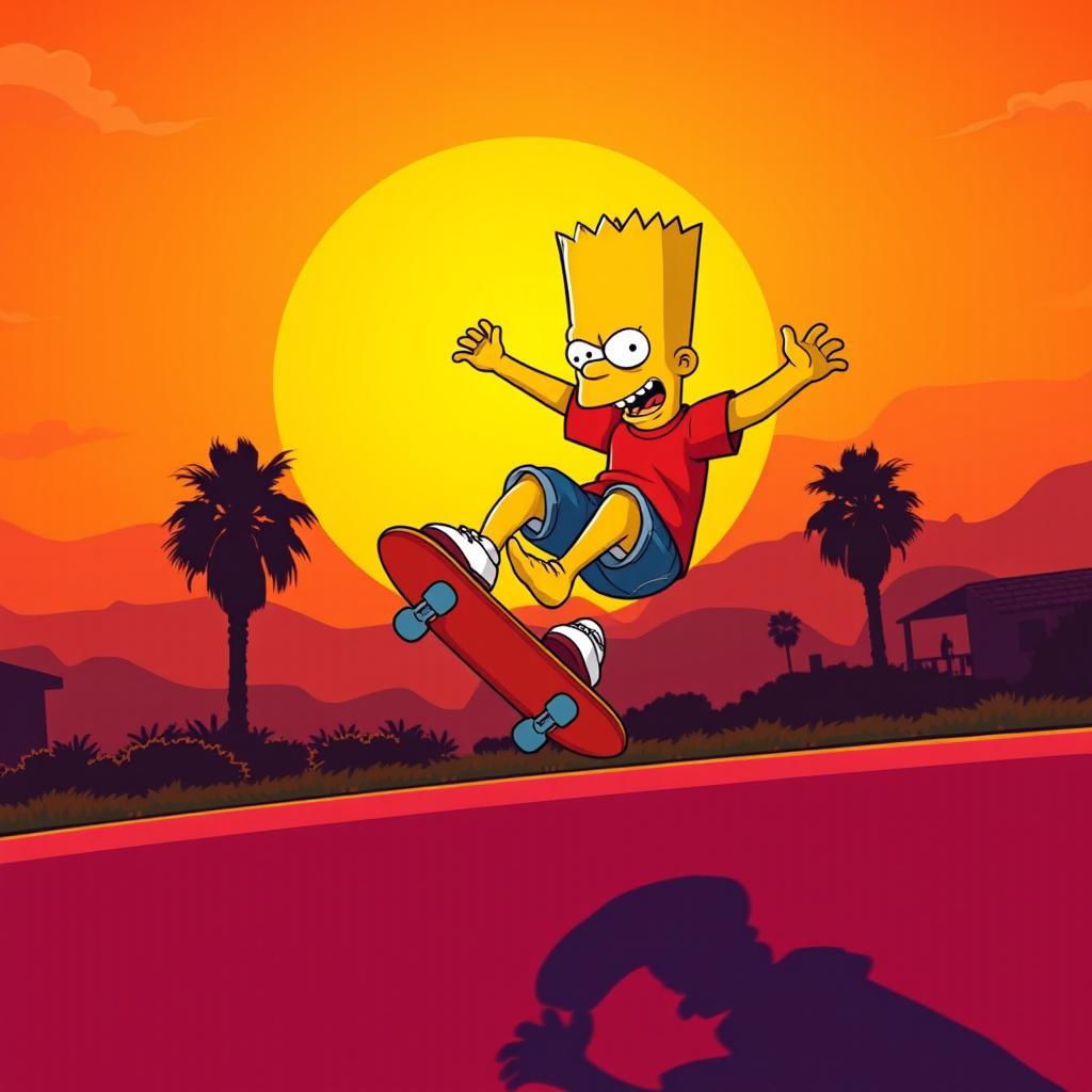 A vibrant and visually captivating illustration of Bart Simpson skateboarding, skillfully performing a loop in the air against a stunning sunset backdrop