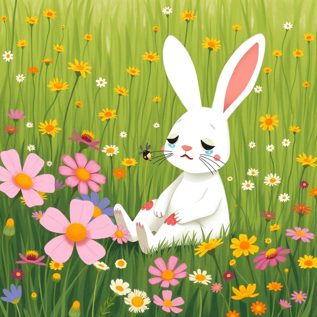 A little white rabbit sitting on a lush green meadow filled with blooming wildflowers, crying with tears on its face