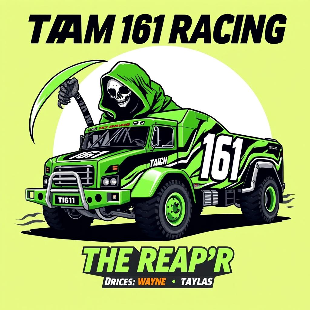 A vibrant A3 poster for Team 161 Racing featuring their truck named 'The Reaper'