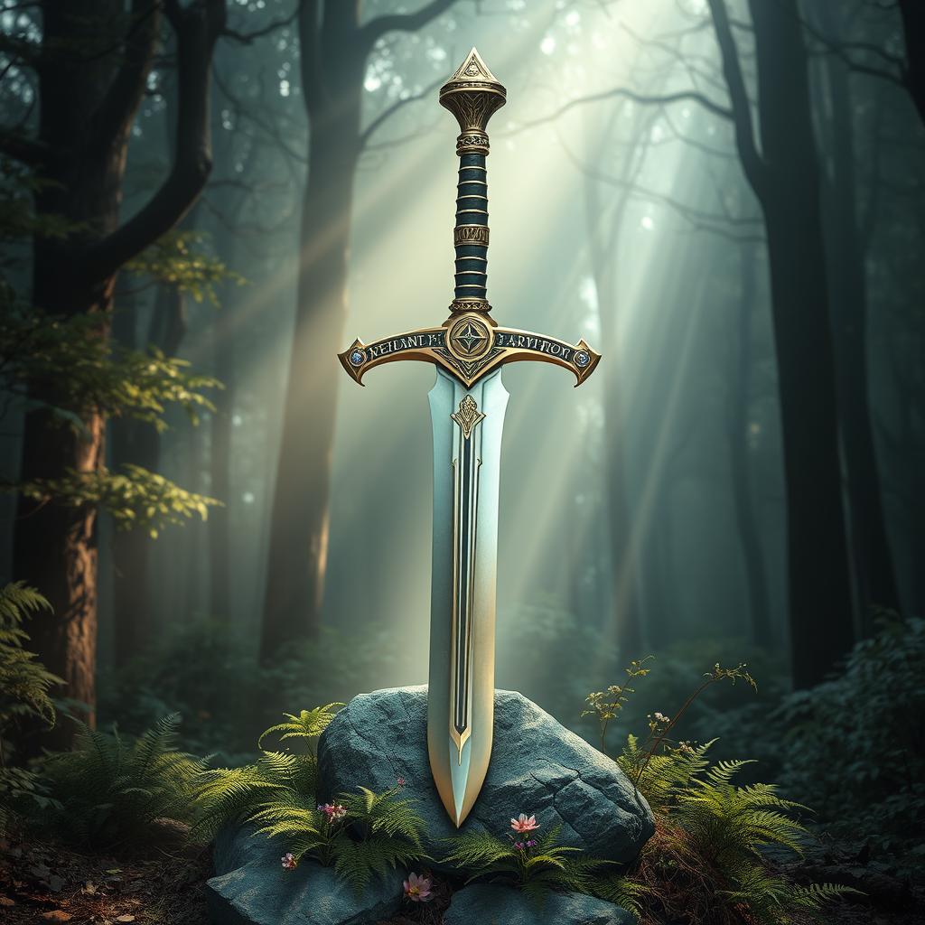 A stunning, intricately designed Excalibur sword, perfectly balanced and gleaming with magical energy