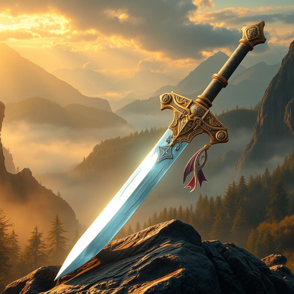 A hyper-realistic depiction of the Excalibur sword, showcasing its iconic blade glistening with magical energy
