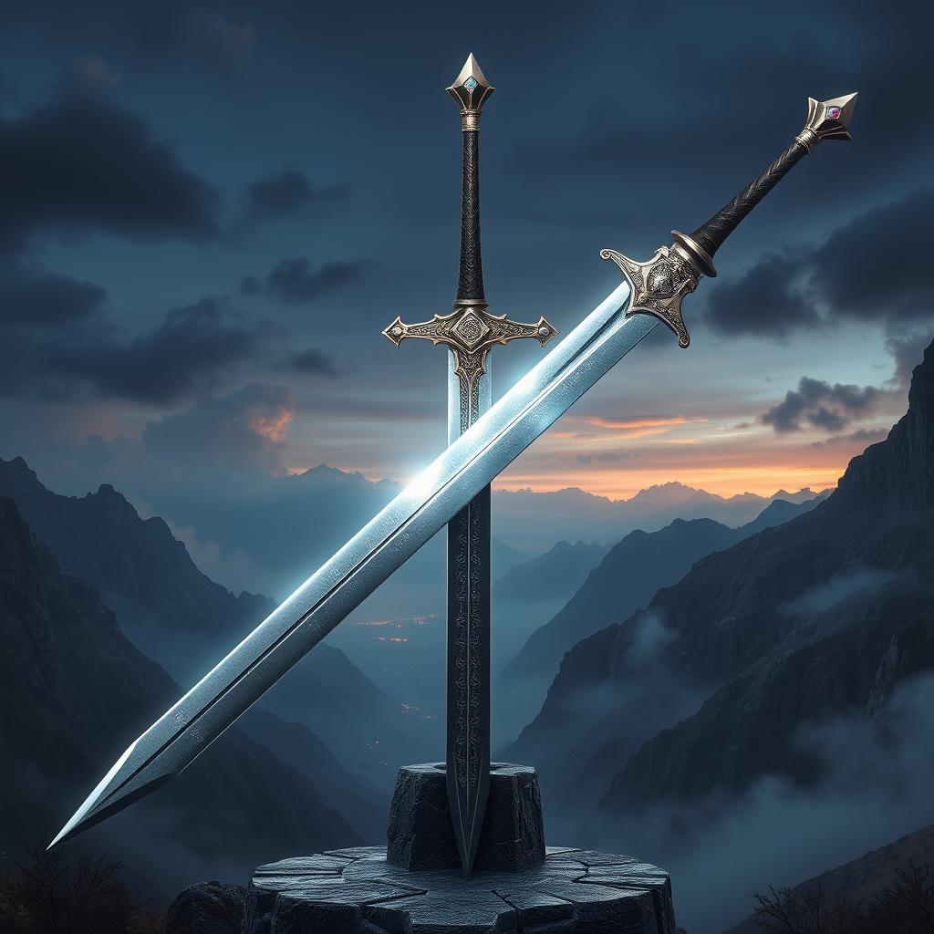 An epic, hyper-realistic portrayal of Excalibur as a majestic longsword