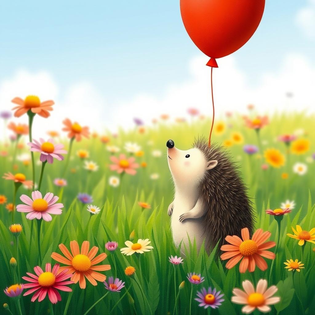 A little hedgehog standing in a lush green meadow filled with colorful blooming wildflowers