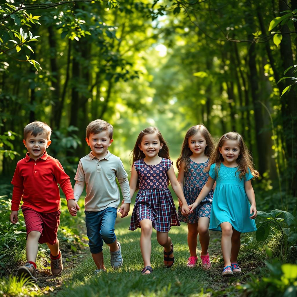 A group of seven children walking hand in hand in a lush green forest during the daytime
