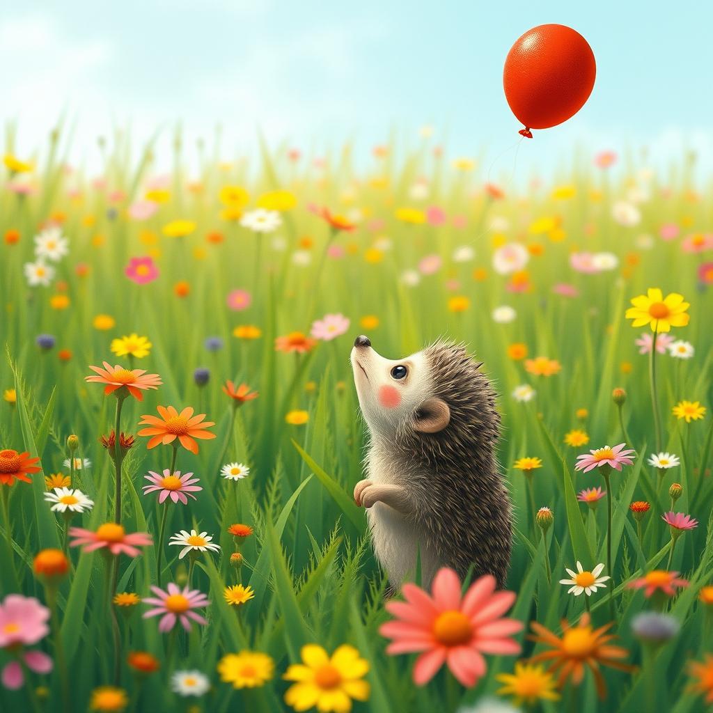 A little hedgehog standing in a lush green meadow filled with blooming wildflowers, gazing up in wonder as a bright red balloon floats high in the sky
