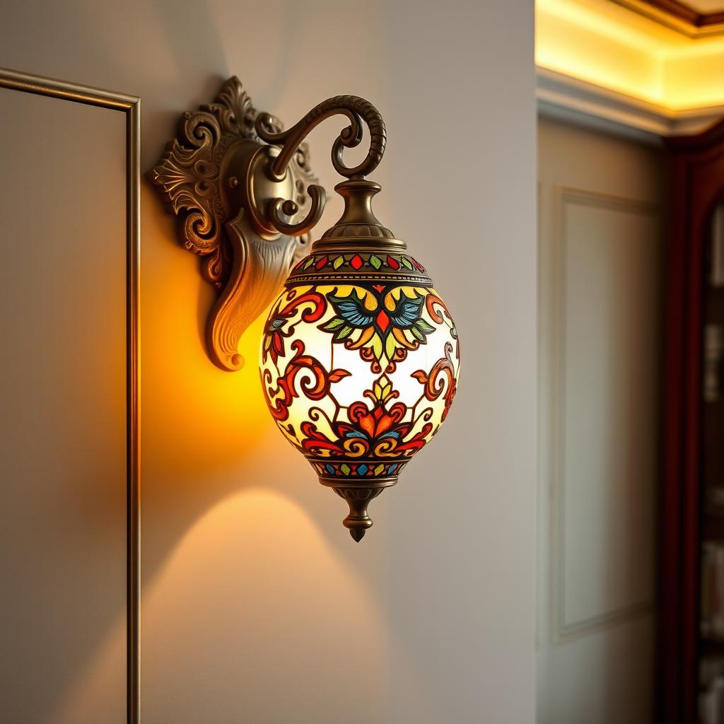 A beautifully designed wall lighting fixture inspired by the intricate patterns and vibrant colors of a Persian carpet