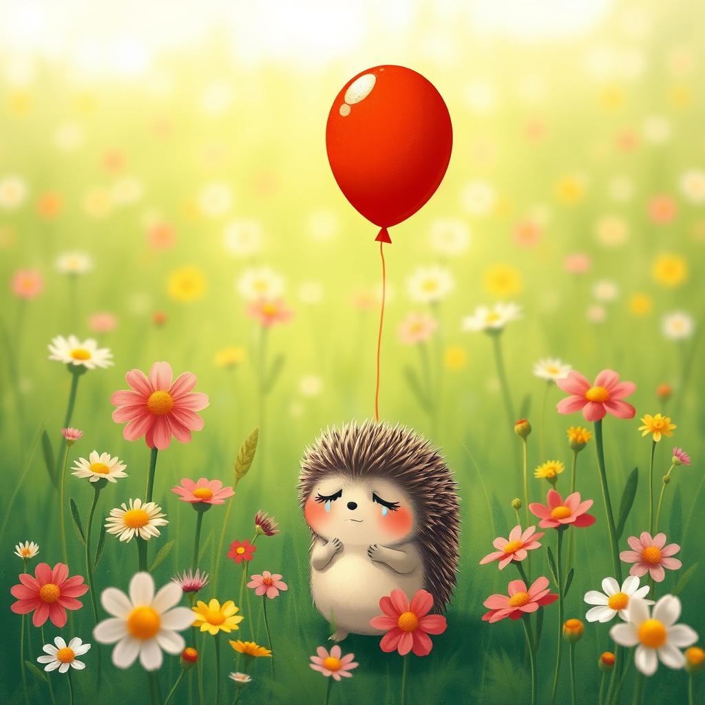 A little hedgehog standing in a vibrant green meadow filled with blooming wildflowers, crying with tears glistening in its eyes