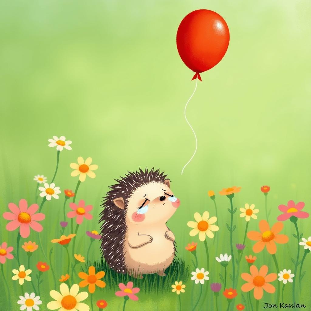 A little hedgehog standing in a vibrant green meadow filled with blooming wildflowers, crying with tears glistening in its eyes