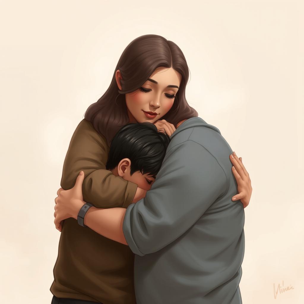 A tall, big woman gently hugging a small man, with the small man's head resting affectionately on her chest