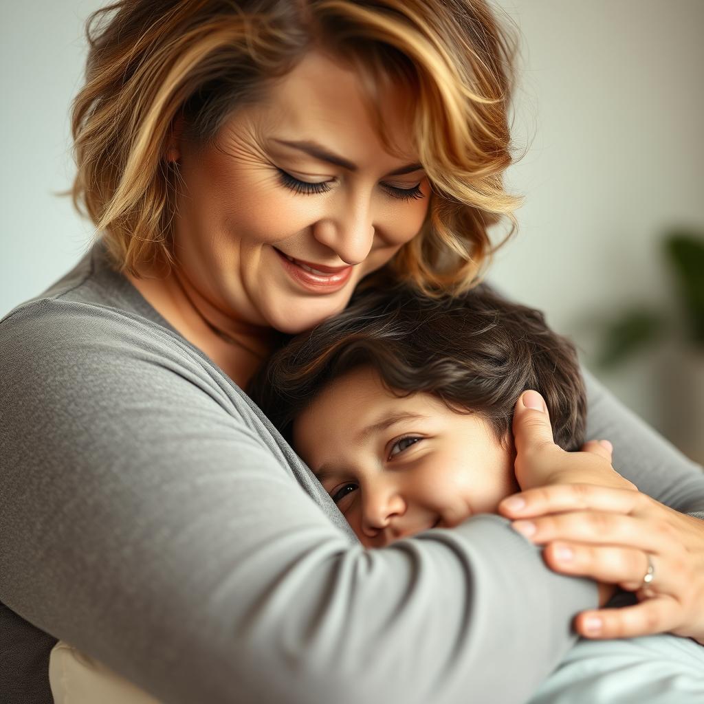A tall, big woman embracing a small man affectionately, with the small man's head resting comfortably on the tall woman's chest