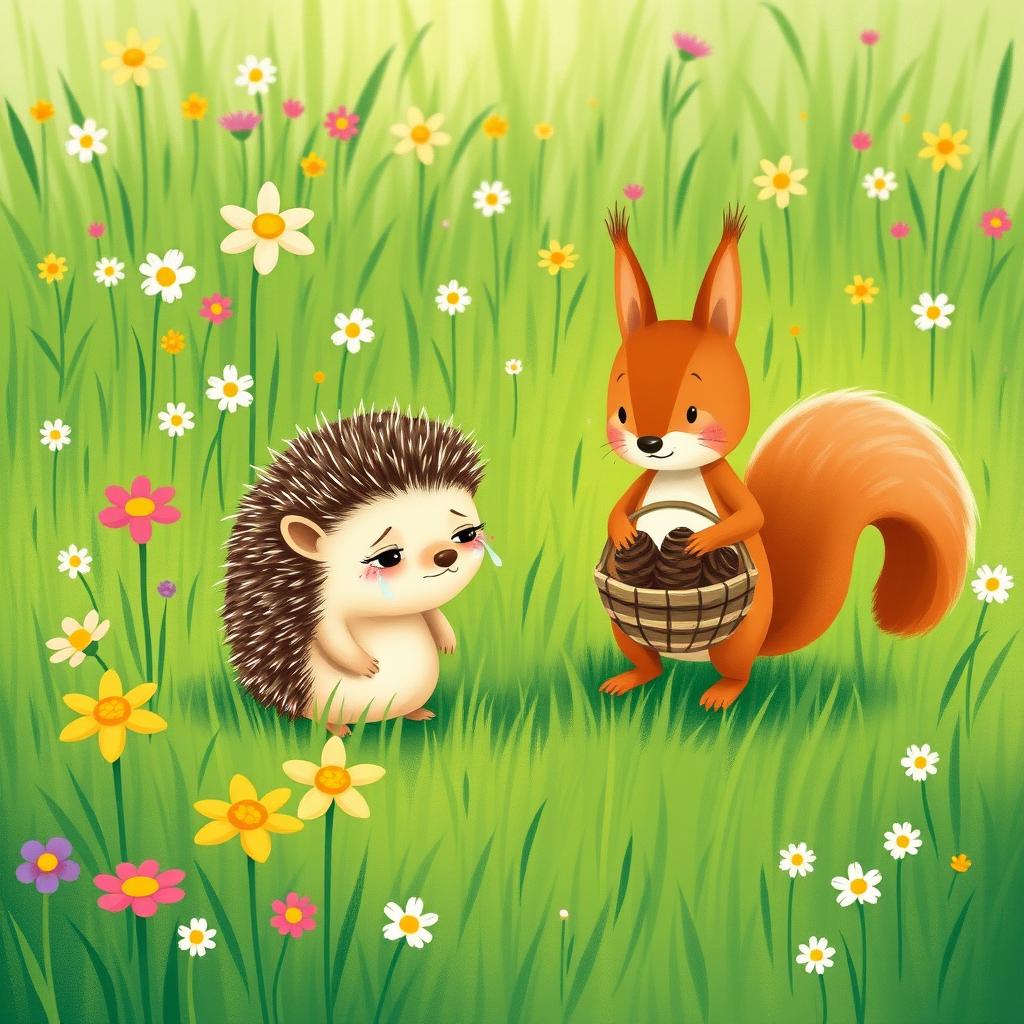 A little hedgehog standing in a vibrant green meadow adorned with blooming wildflowers, crying with tears glistening in its eyes