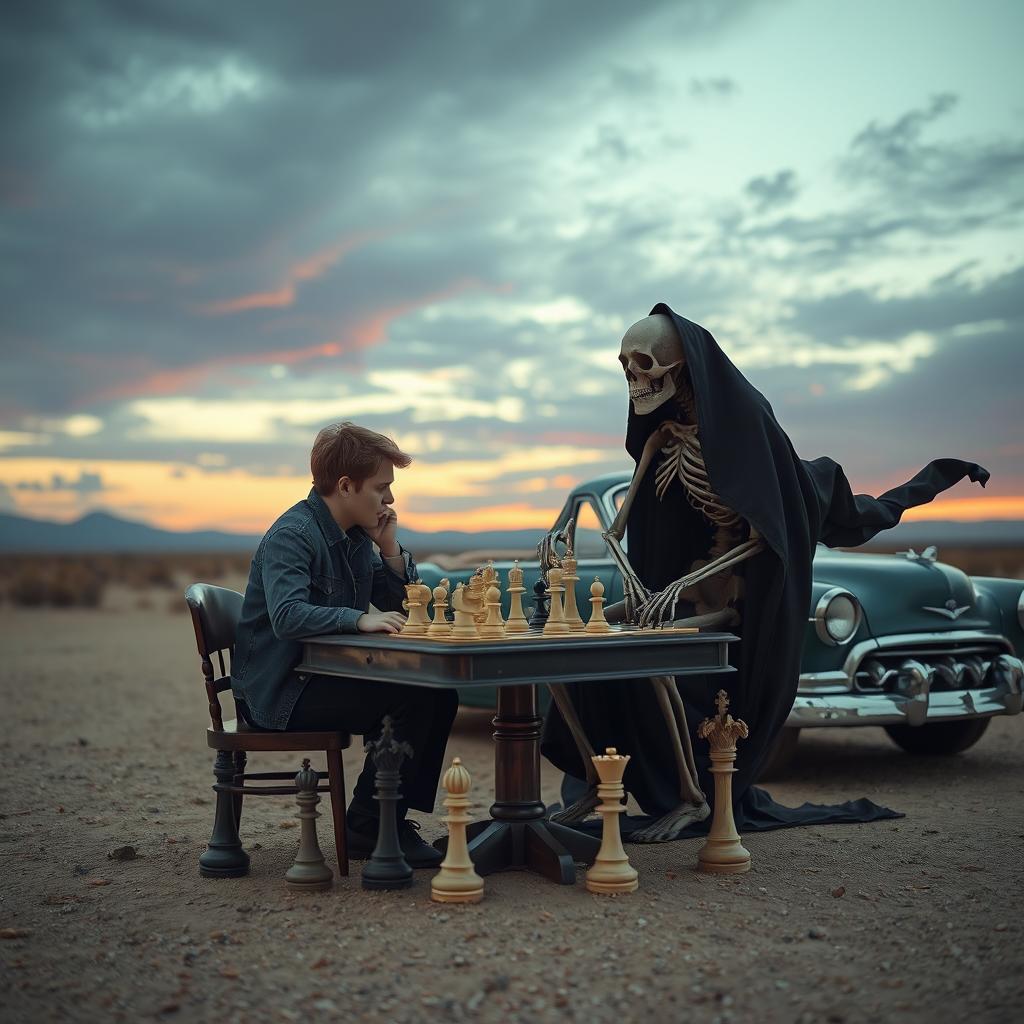 A surreal and whimsical scene featuring a person sitting at a chess table engaged in a game of chess against a skeletal figure representing Death, dressed in a flowing dark cloak