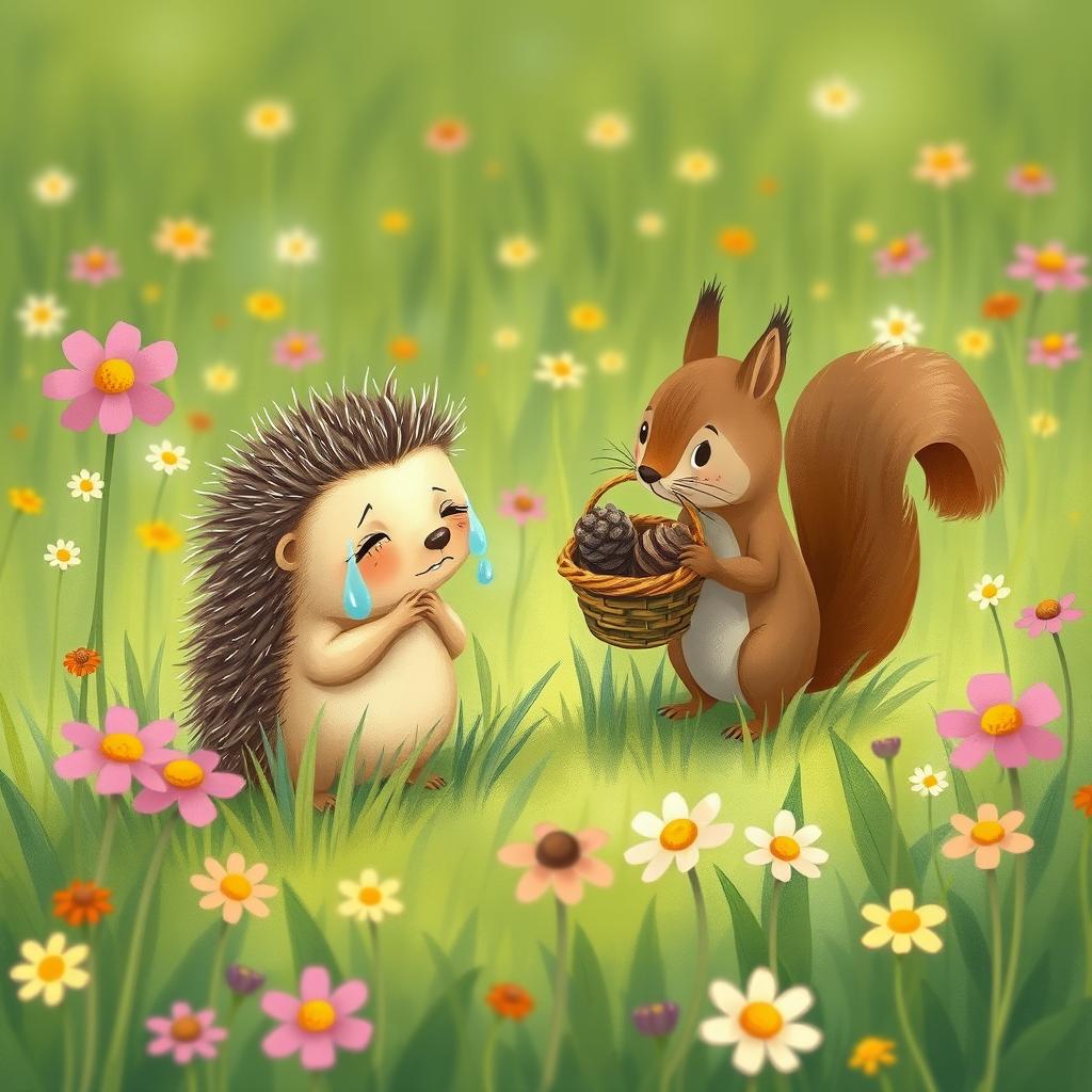 A little hedgehog standing in a lush green meadow filled with blooming wildflowers, crying, with tears shimmering in its eyes